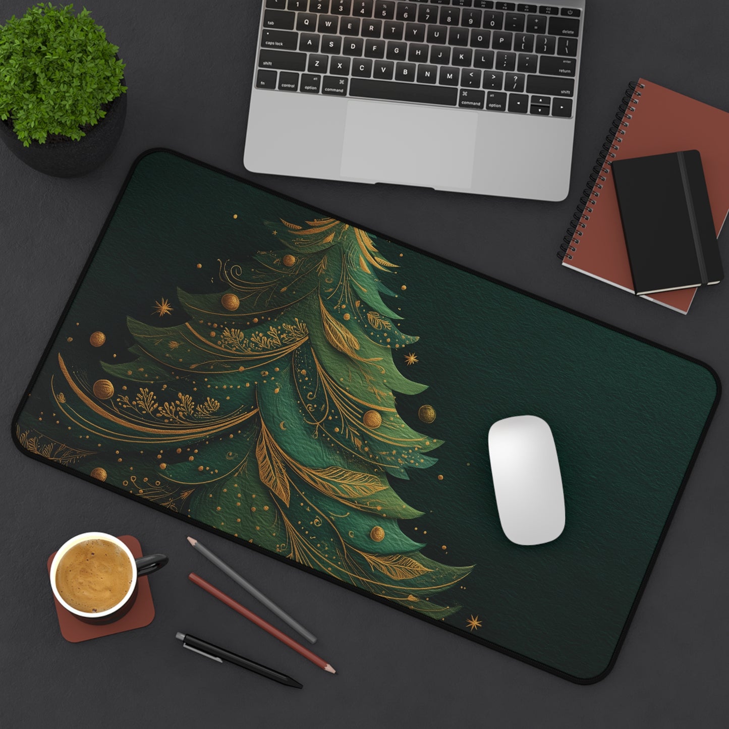 Christmas Tree Desk Mat, Green and Gold Holiday Desk Pad