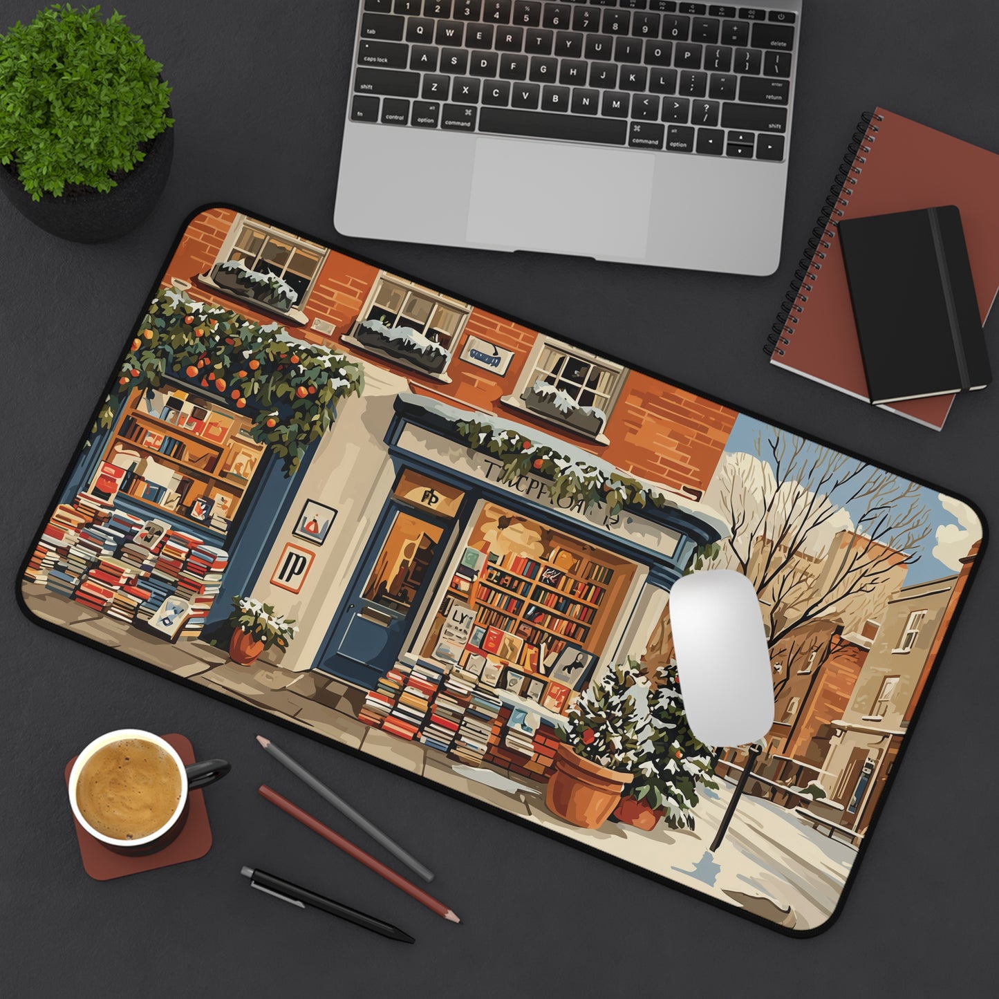 Cozy Winter Bookstore Desk Mat, Christmas Desk Decor