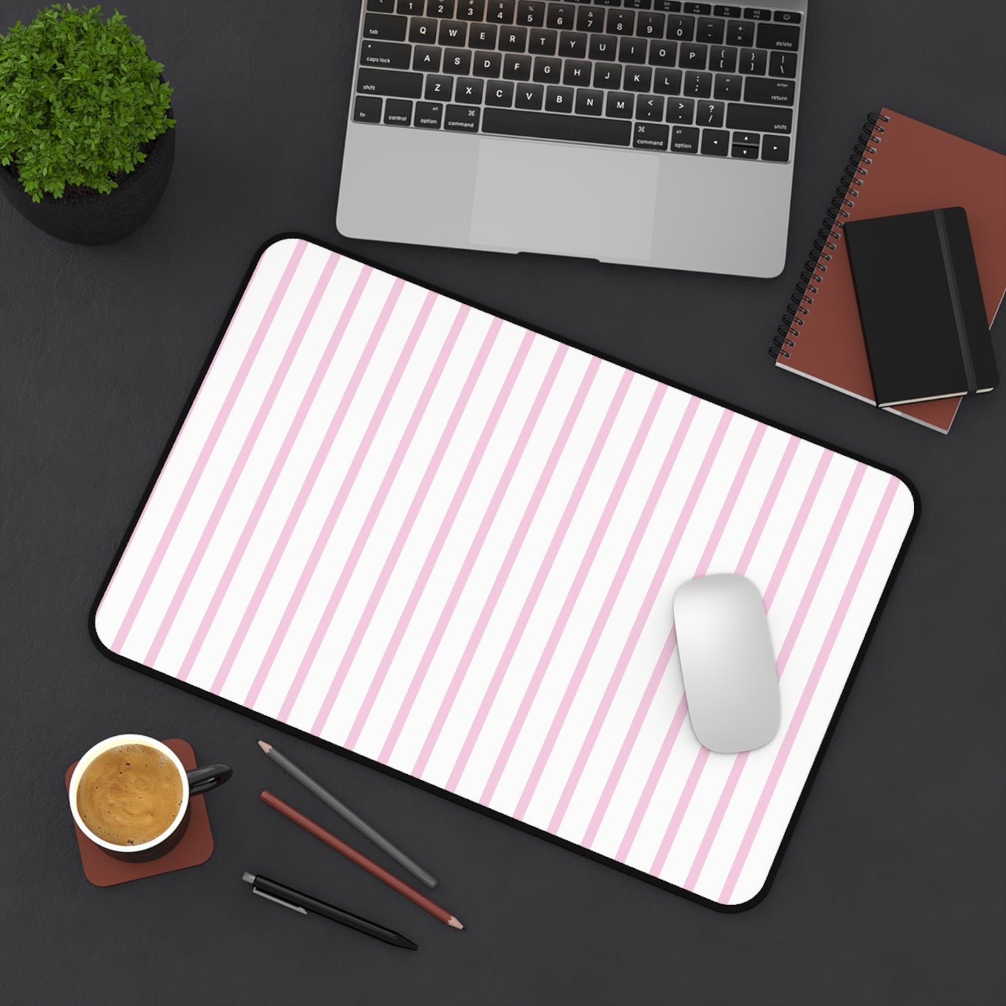White and Pastel Pink Striped Desk Mat for Cute Office Decor