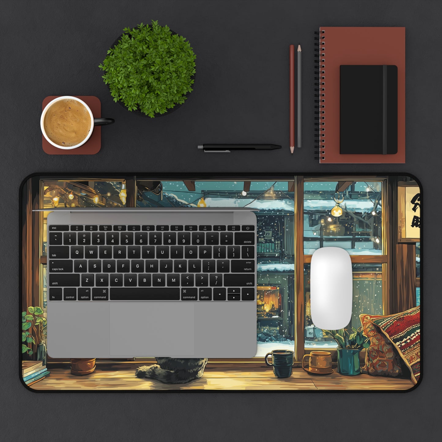 Cozy Cat Desk Mat, Anime Style Snowy Desk Pad for Cat Lovers
