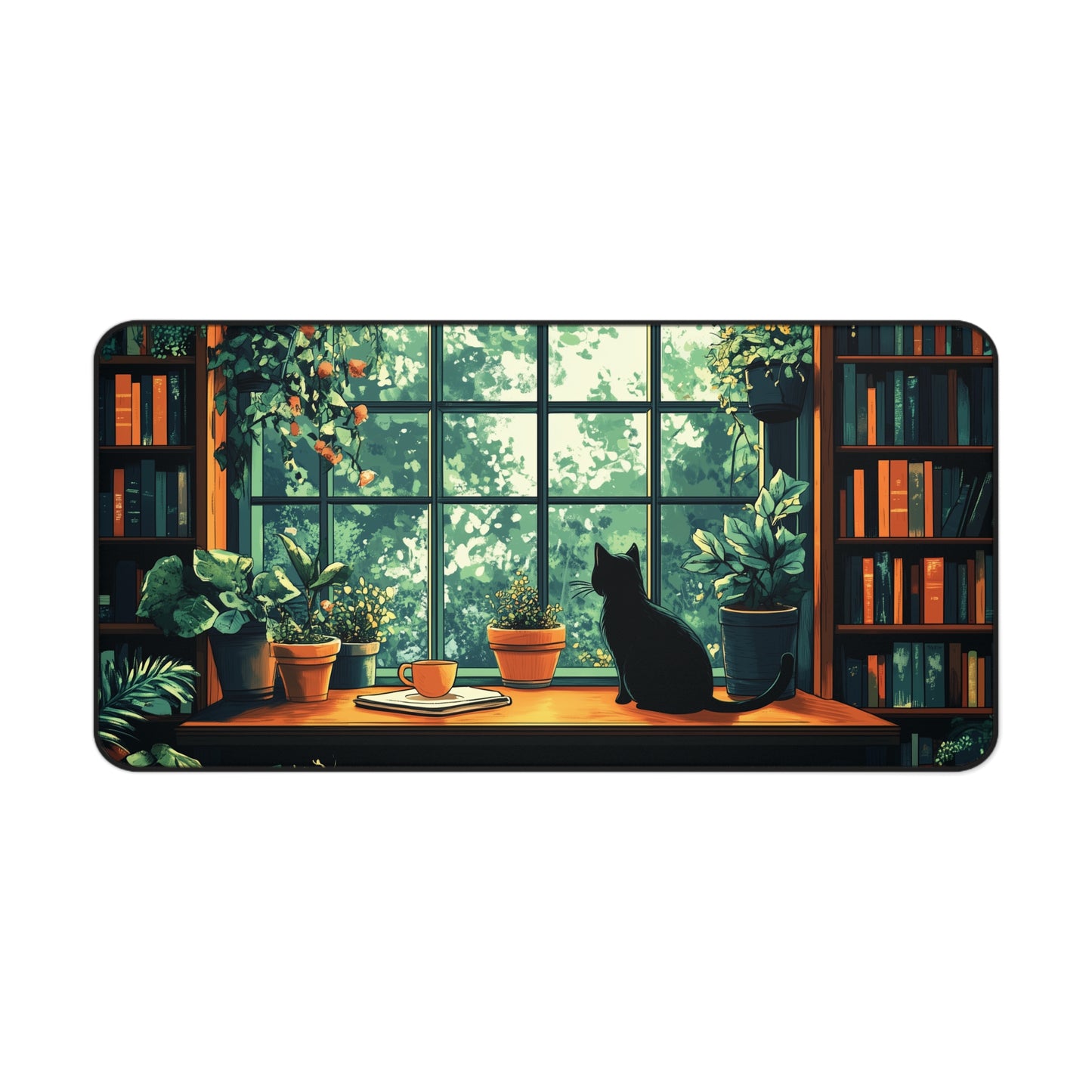 Books Plants and Cat Desk Mat, Cozy Large MousePad for Gaming or Office Decor