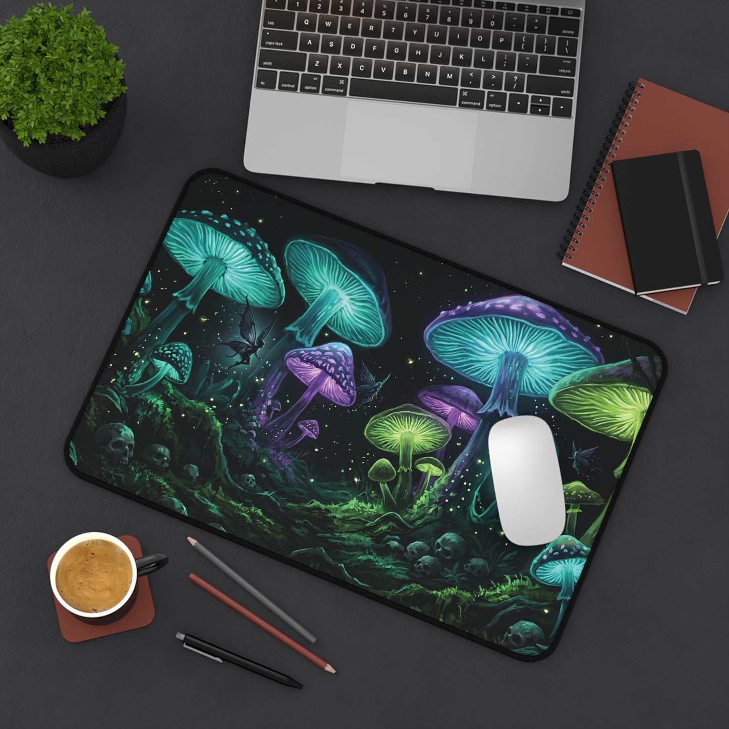 Glowing Mushroom Desk Mat: Enchanted Forest Fairy Design