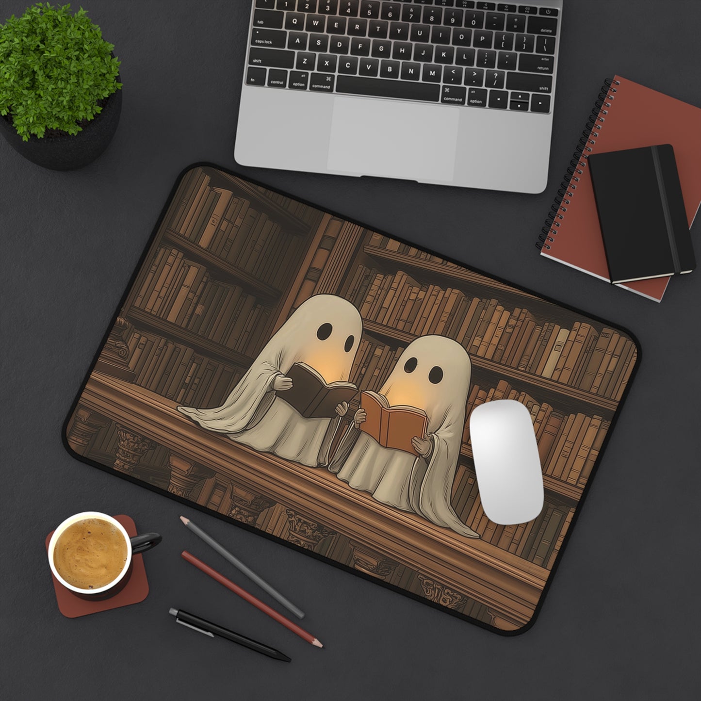 Bookworms Ghosts Desk Mat, Halloween Vibes Mouse Pad XL