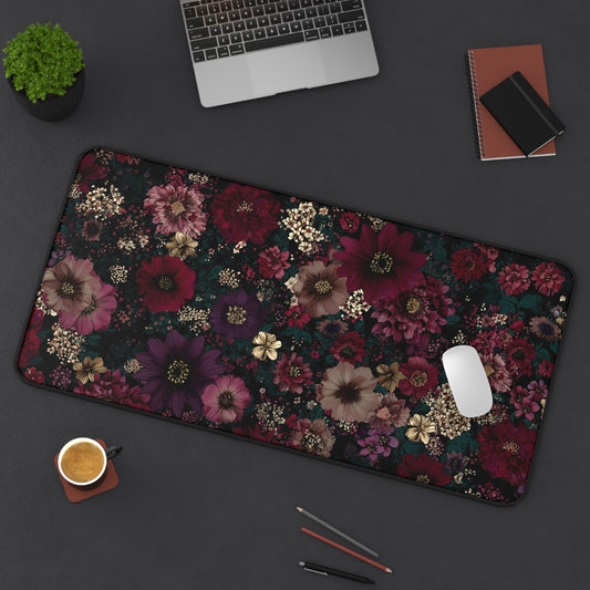 Dark Floral Desk Mat: Moody Burgundy & Plum Flower Print