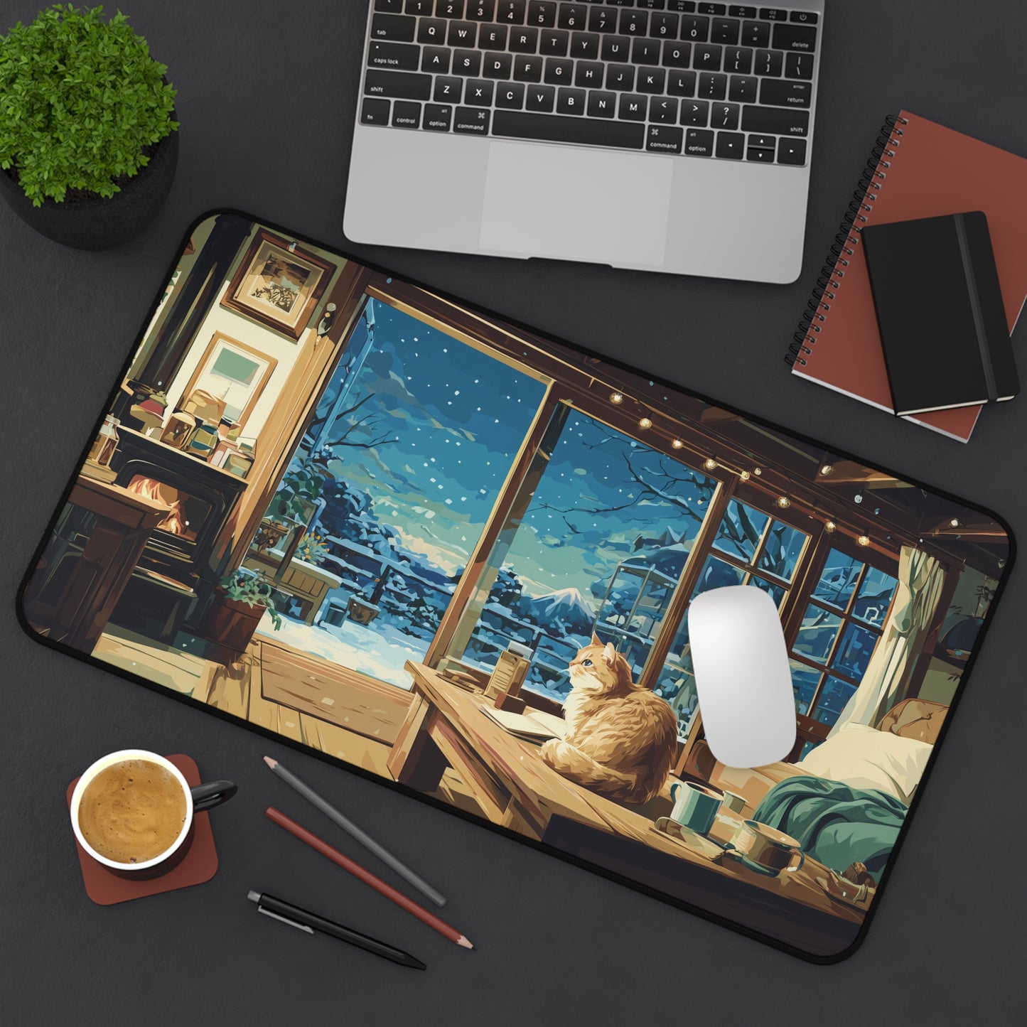 Winter Cat Desk Mat, Snowy Mouse Pad for Cat Lovers