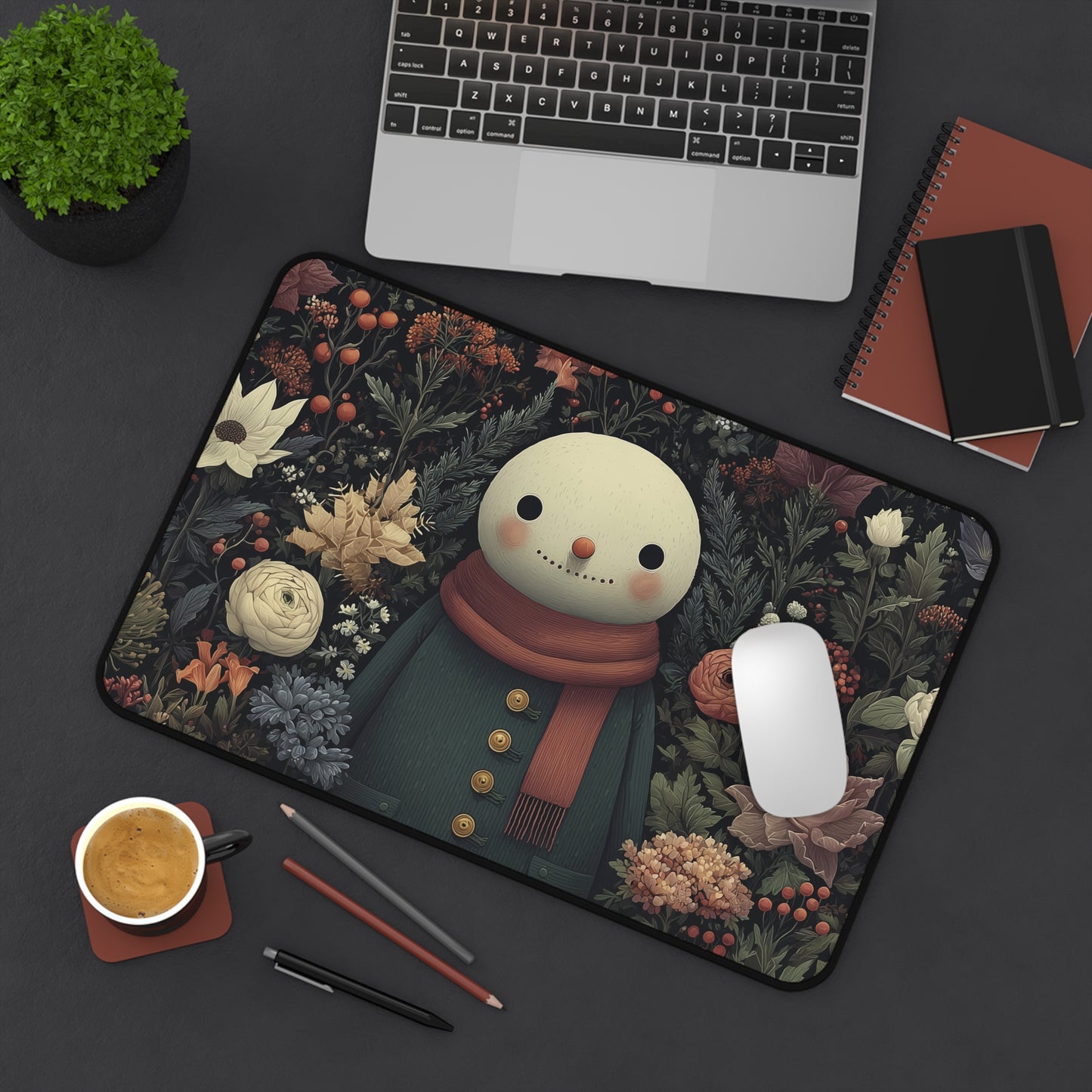 Snowman Desk Mat, Christmas Floral Desk Pad