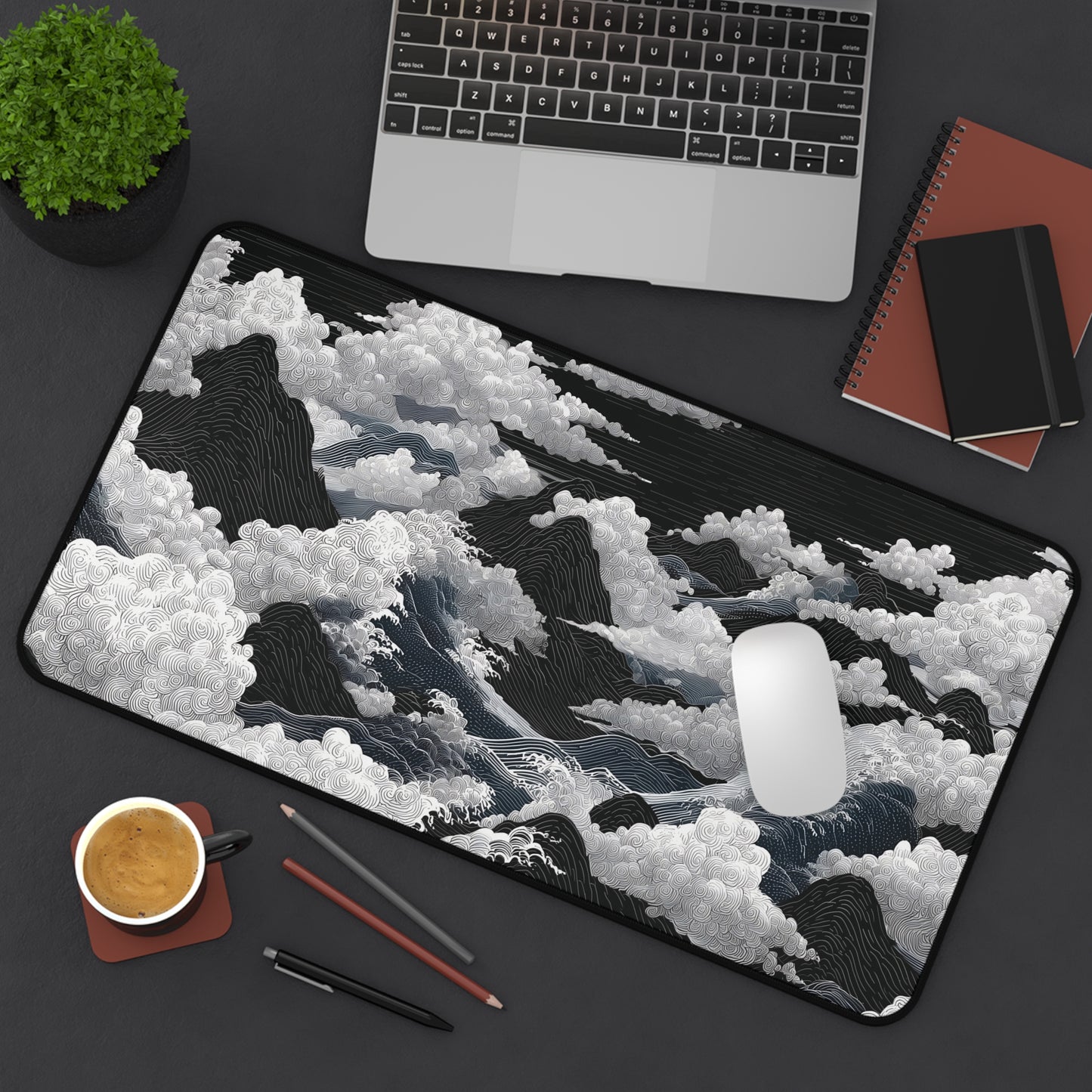 Black & White Mountain Clouds Desk Mat