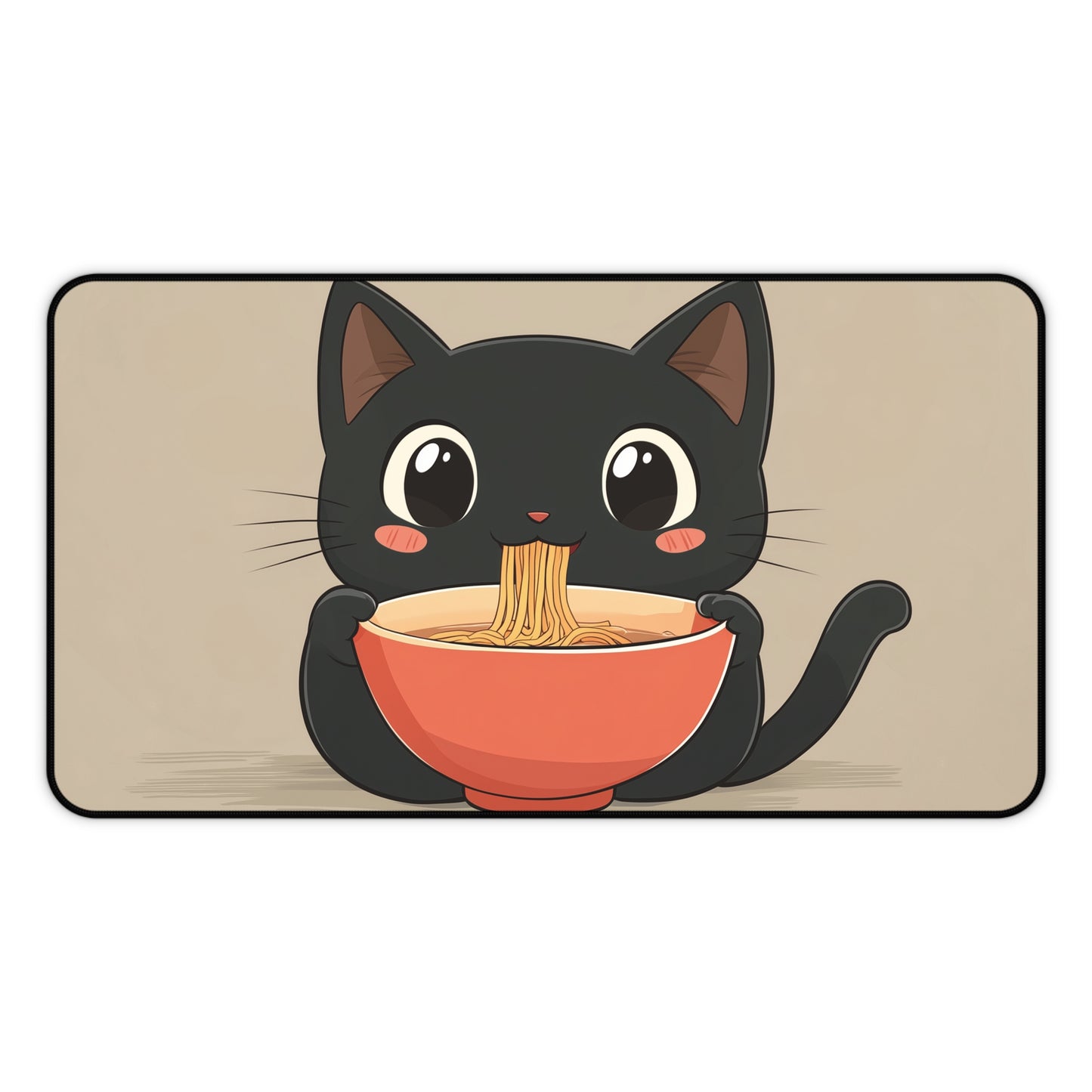 Cute Black Cat Desk Mat, Kawaii Mouse Pad for Cat Lovers, Black Cat Eating Ramen Desk Pad