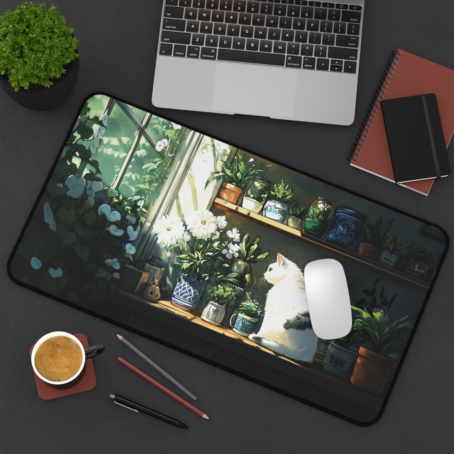 White Cat Desk Mat, Lofi Gaming Mouse Pad XL for Cat Lover