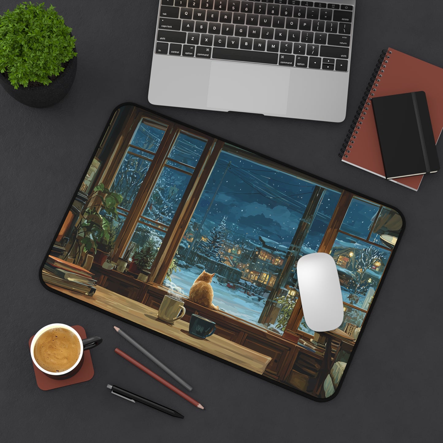 Cozy Winter Cat Desk Pad Anime Style, Christmas Office Decor