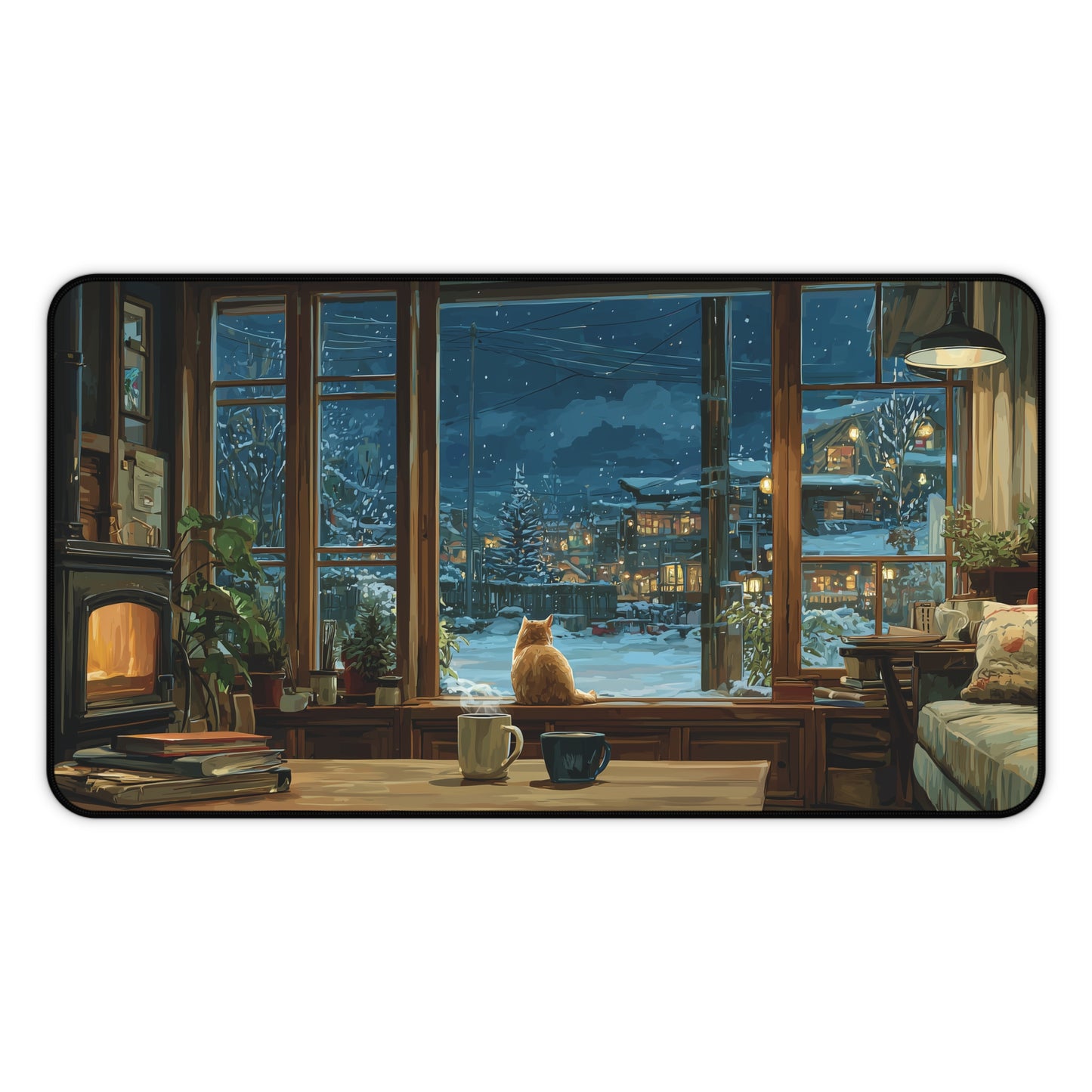 Cozy Winter Cat Desk Pad Anime Style, Christmas Office Decor