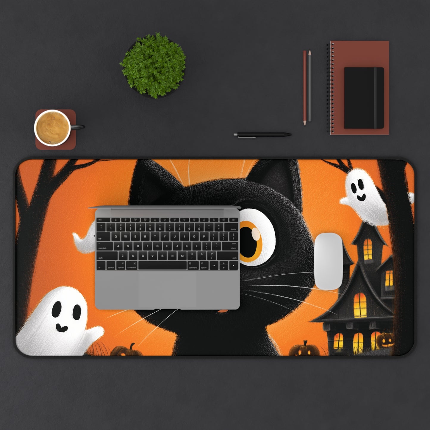 Spooky Black Cat with Ghosts Desk Mat for Halloween