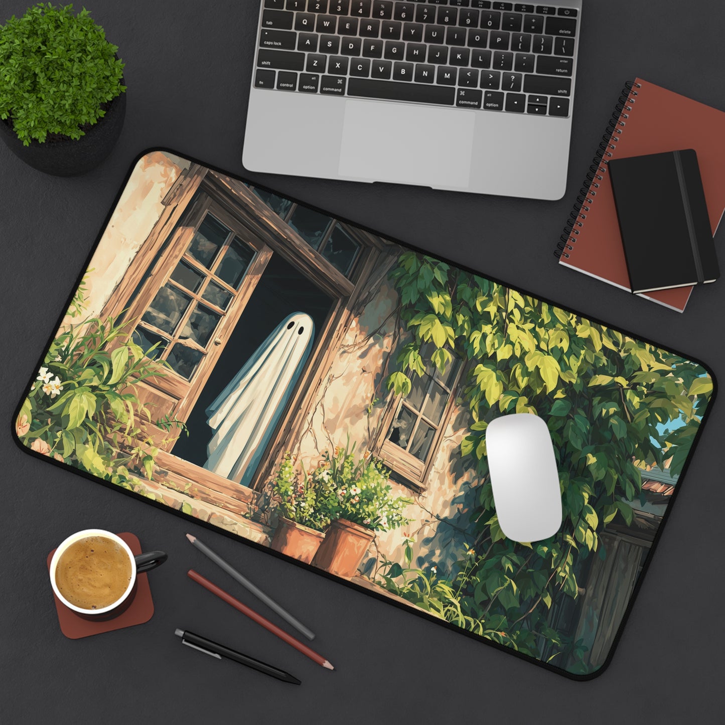 Ghost Cottage Desk Mat, Spooky & Cozy Halloween Vibes