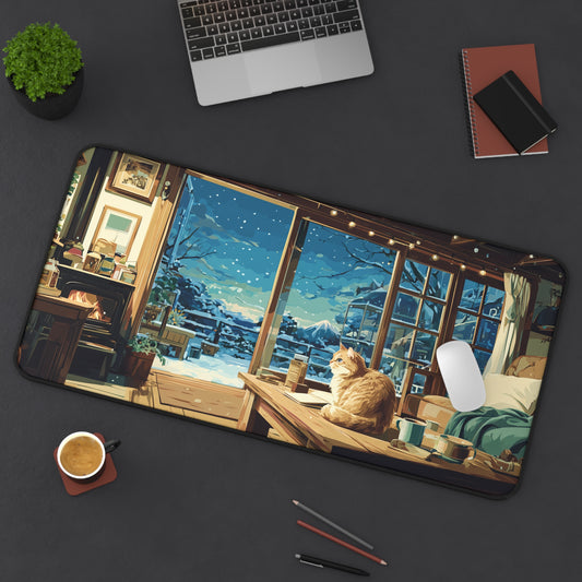 Winter Cat Desk Mat, Snowy Mouse Pad for Cat Lovers