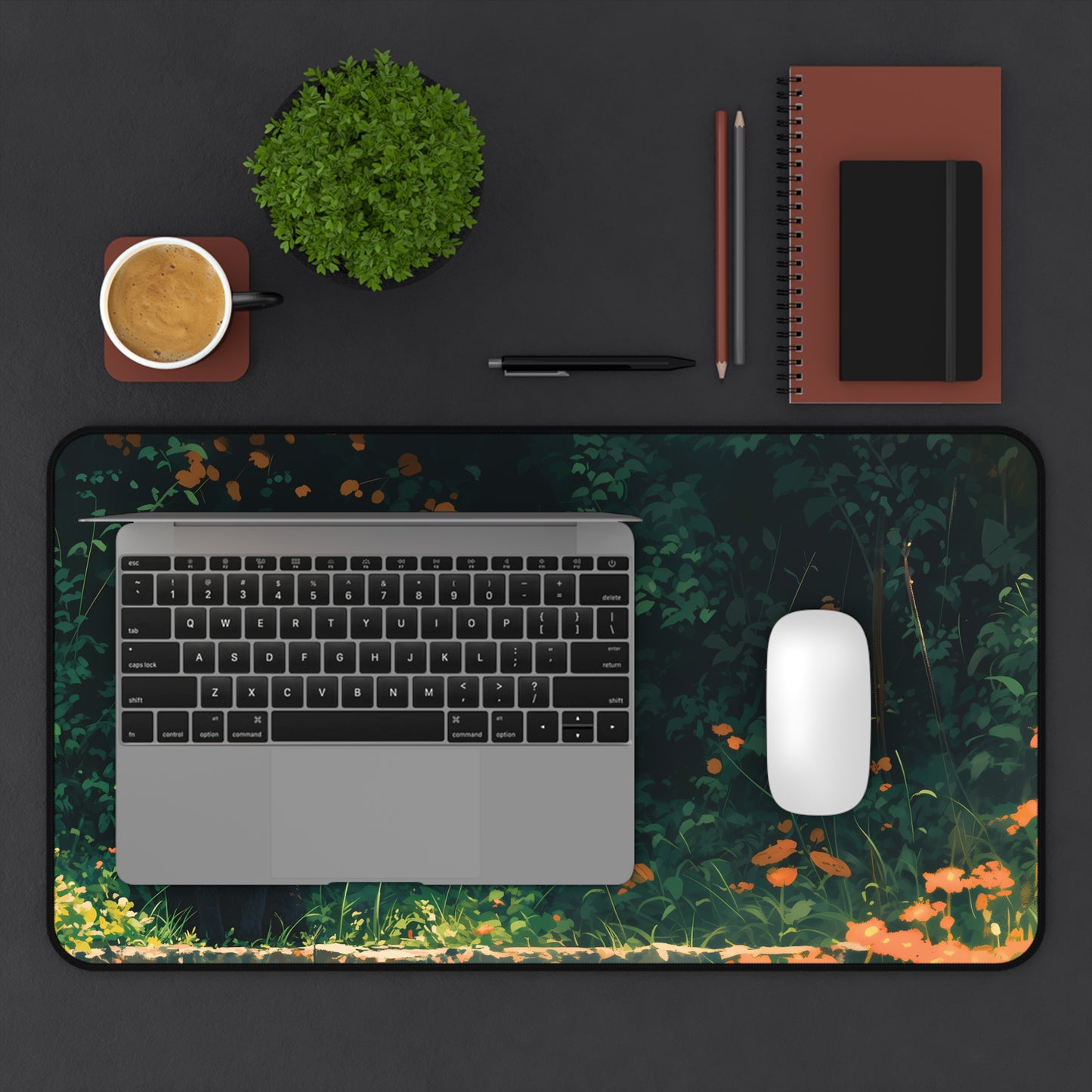 Dark Garden Desk Mat, Black Cat Mouse Pad Lofi, Aesthetic Plants Desk Pad