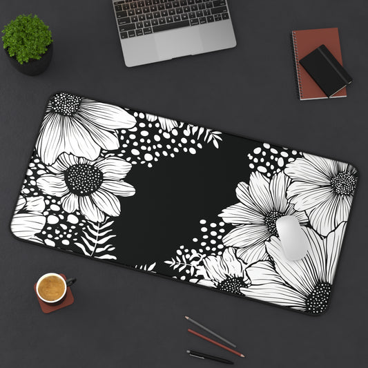 White Daisy Desk Mat: Bold Black & White Floral Mouse Pad