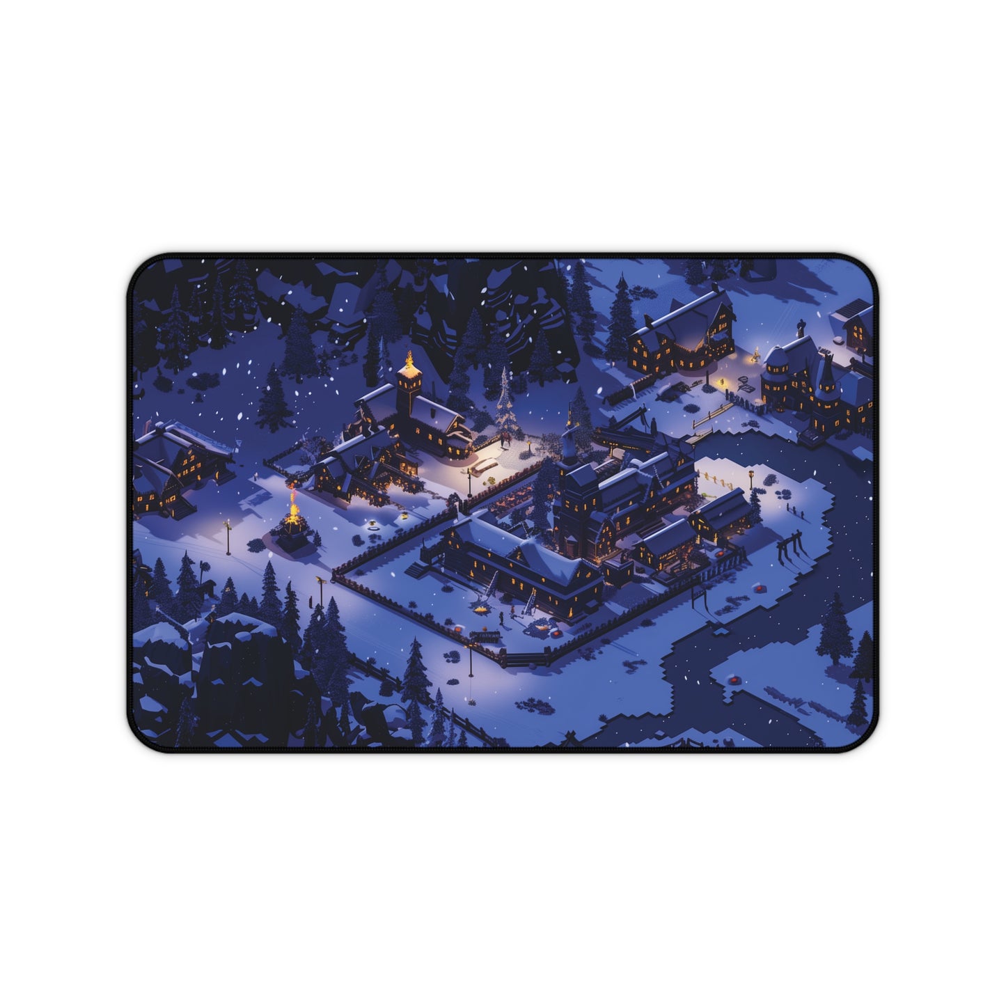 Pixel Art Snowy Winter Village Desk Mat, Christmas Mouse Pad