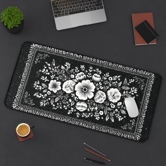 White Rose Desk Mat: Vintage Bouquet on Black Mouse Pad