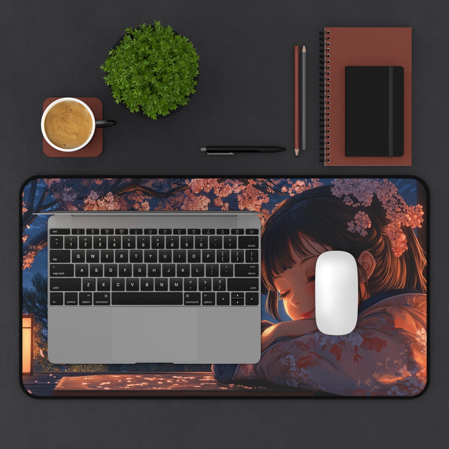 Japanese Girl Desk Mat Anime Style, Cherry Blossom Gaming Mousepad
