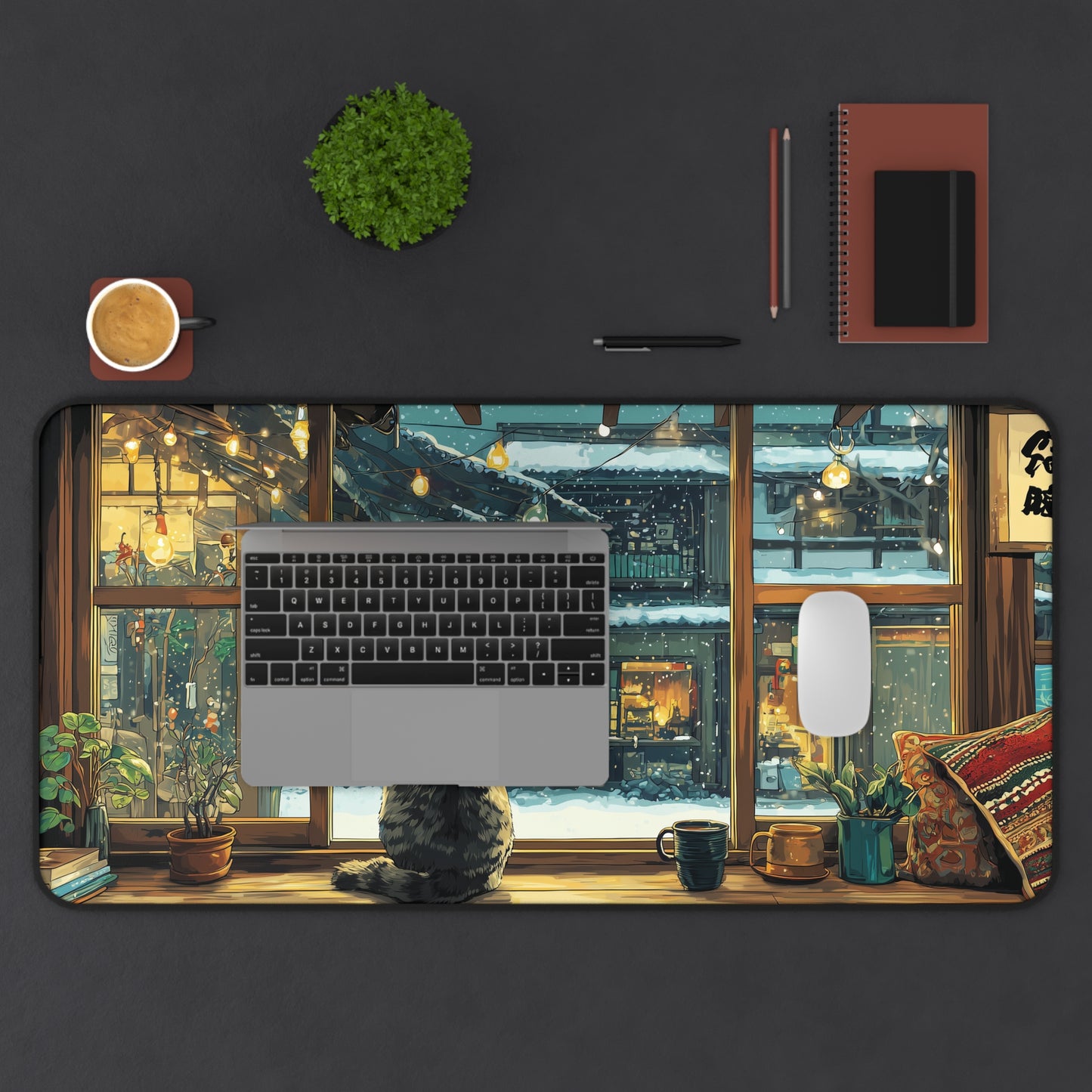 Cozy Cat Desk Mat, Anime Style Snowy Desk Pad for Cat Lovers