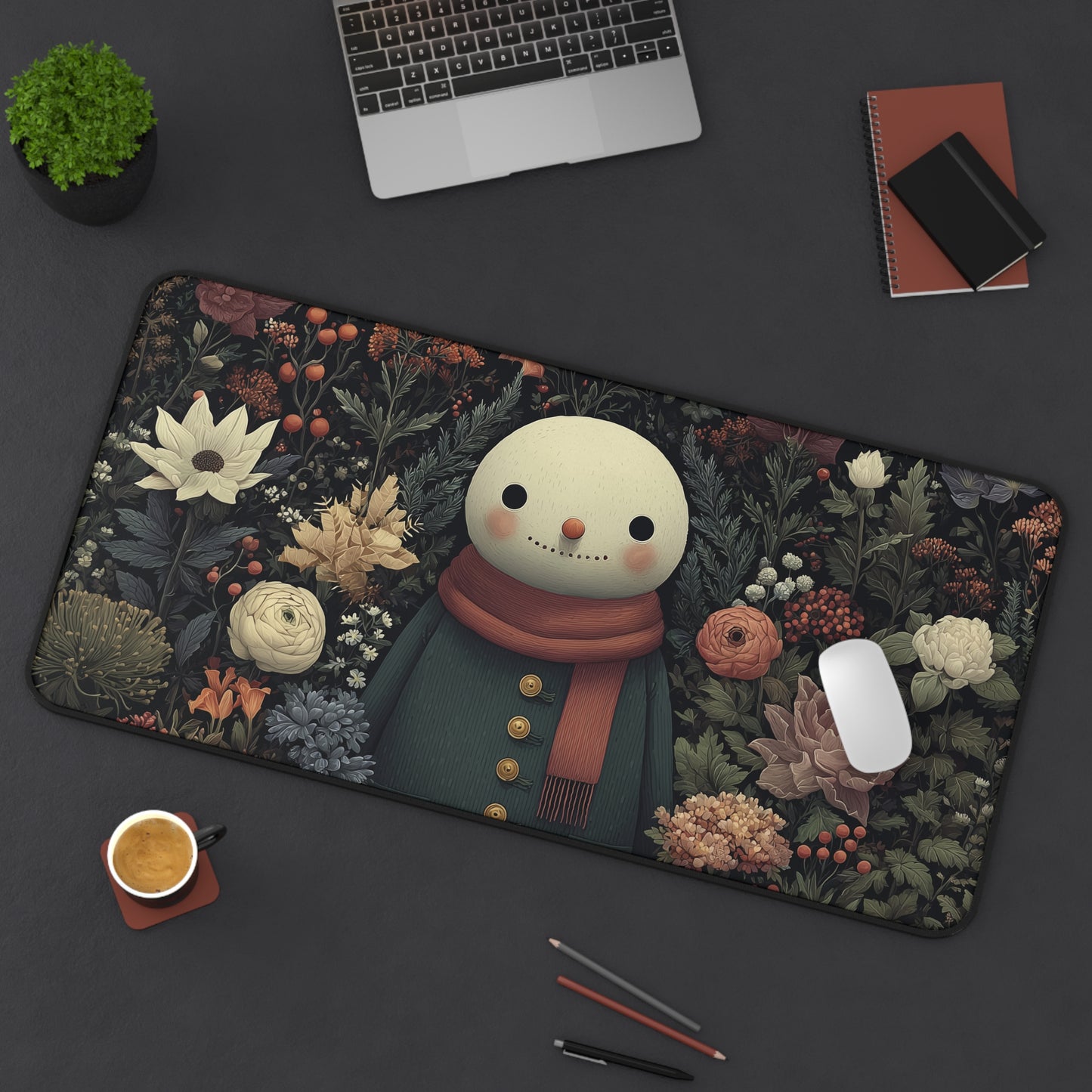Snowman Desk Mat, Christmas Floral Desk Pad