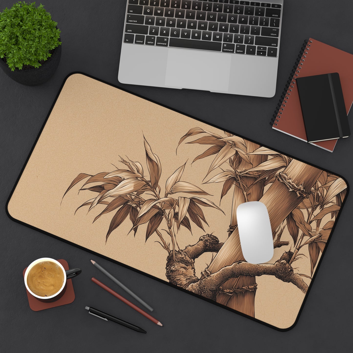 Bamboo Line Art Desk Mat: Beige & Minimalist Zen Mouse Pad