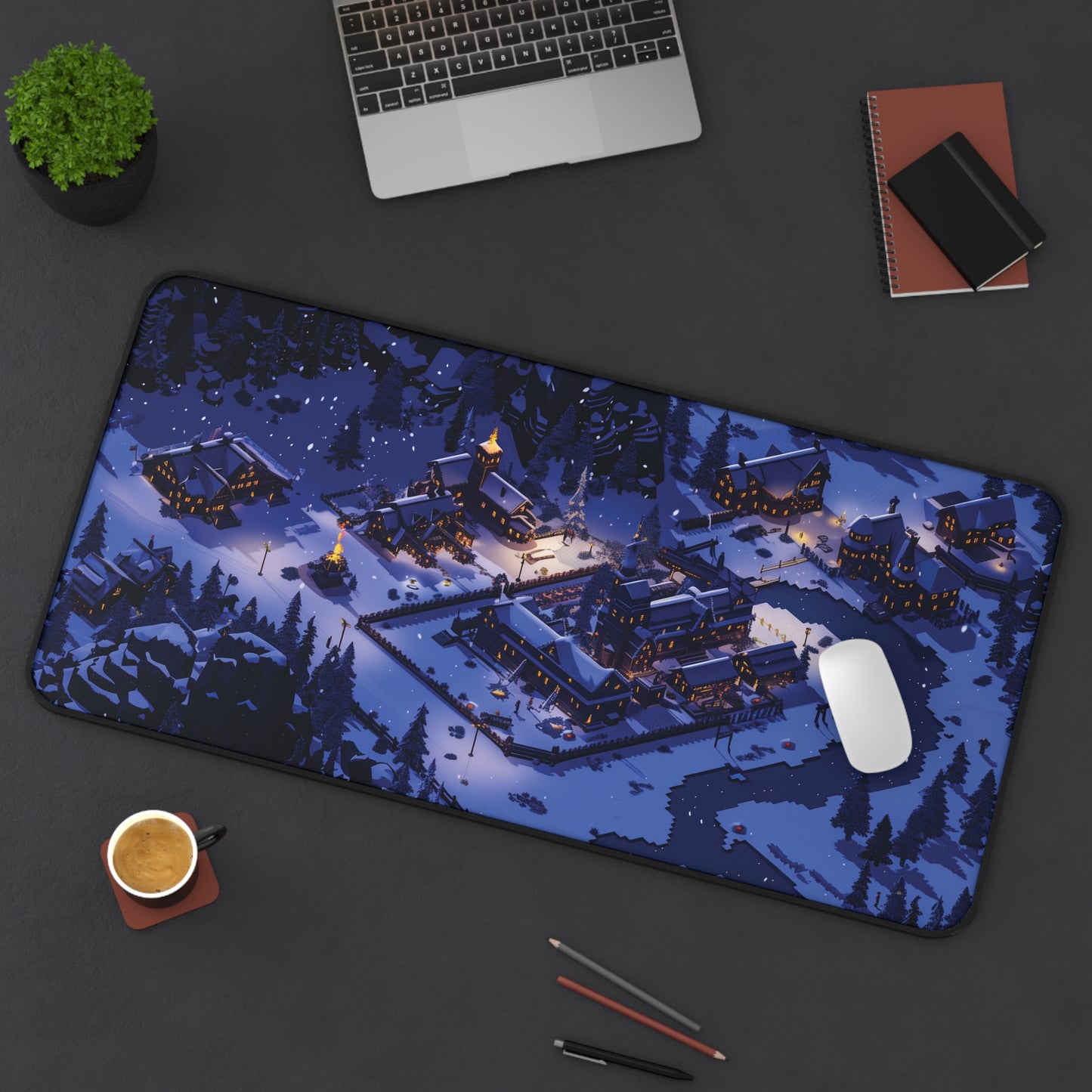 Pixel Art Snowy Winter Village Desk Mat, Christmas Mouse Pad