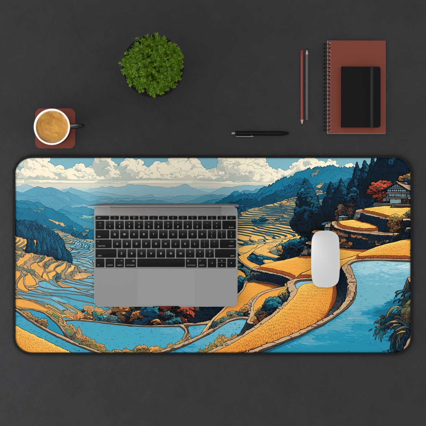 Japanese Desk Mat: Rice Fields Landscape Mouse Pad XL