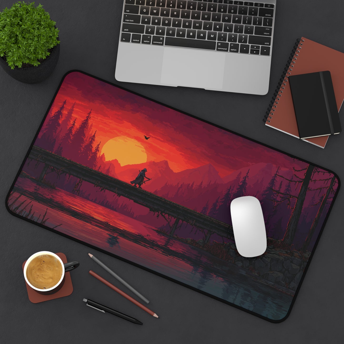 Samurai at Sunset: Pixel Art Desk Mat & Mouse Pad