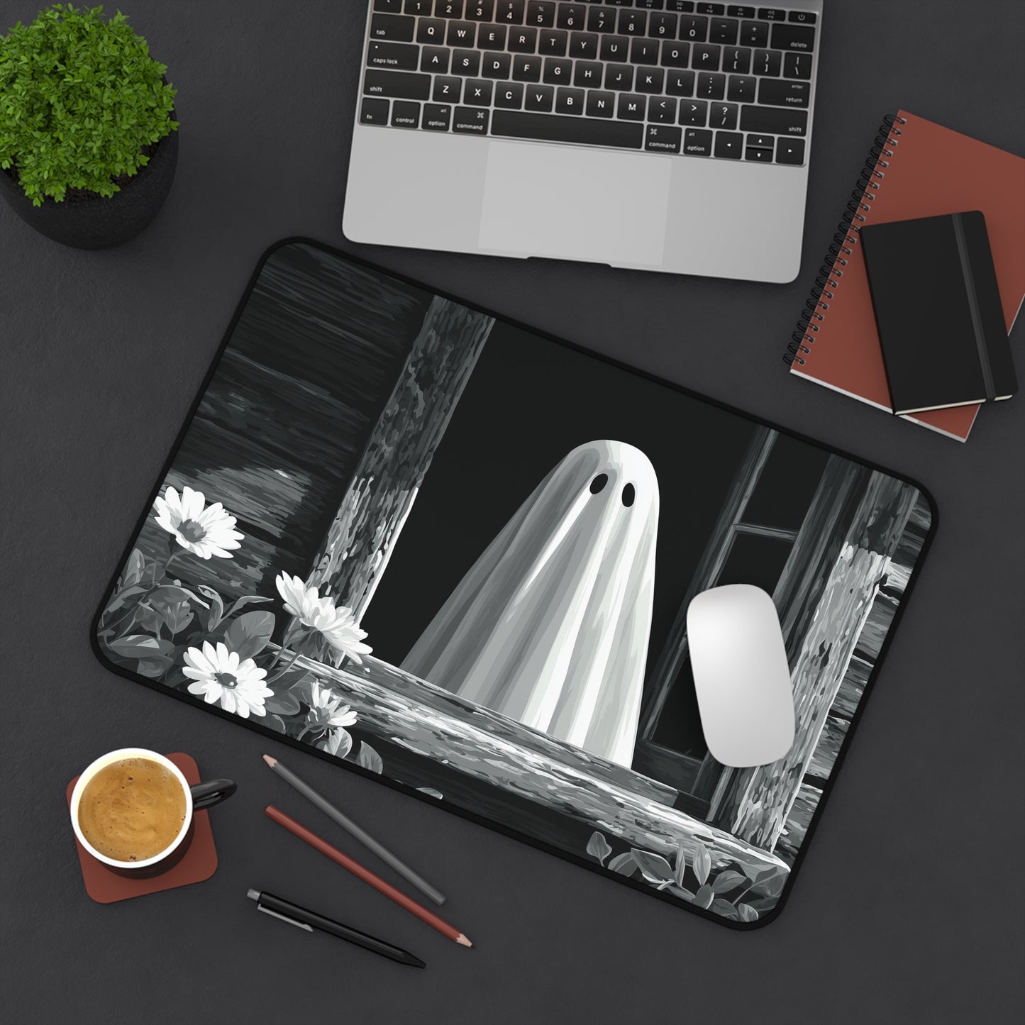 Black and White Ghost Desk Mat for Halloween Office Decor