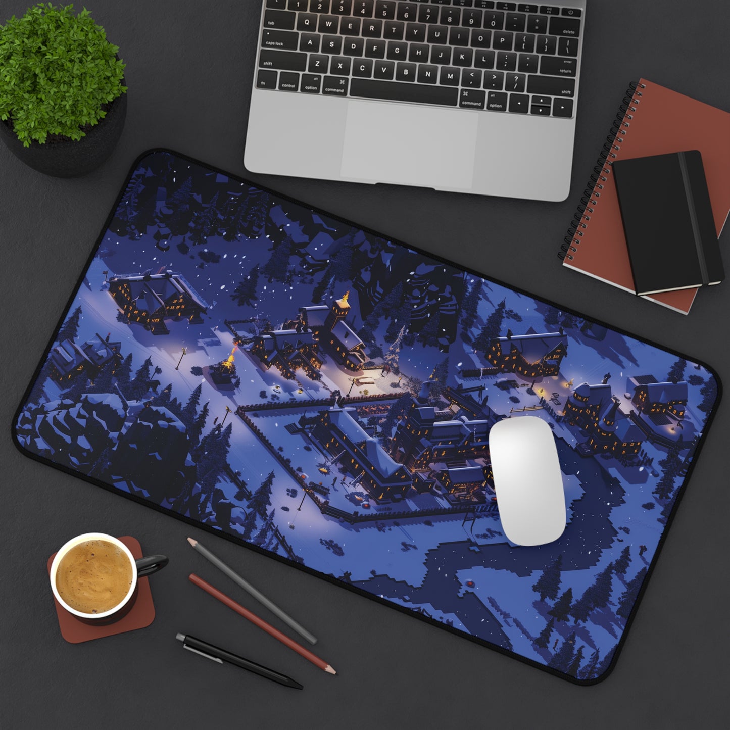 Pixel Art Snowy Winter Village Desk Mat, Christmas Mouse Pad