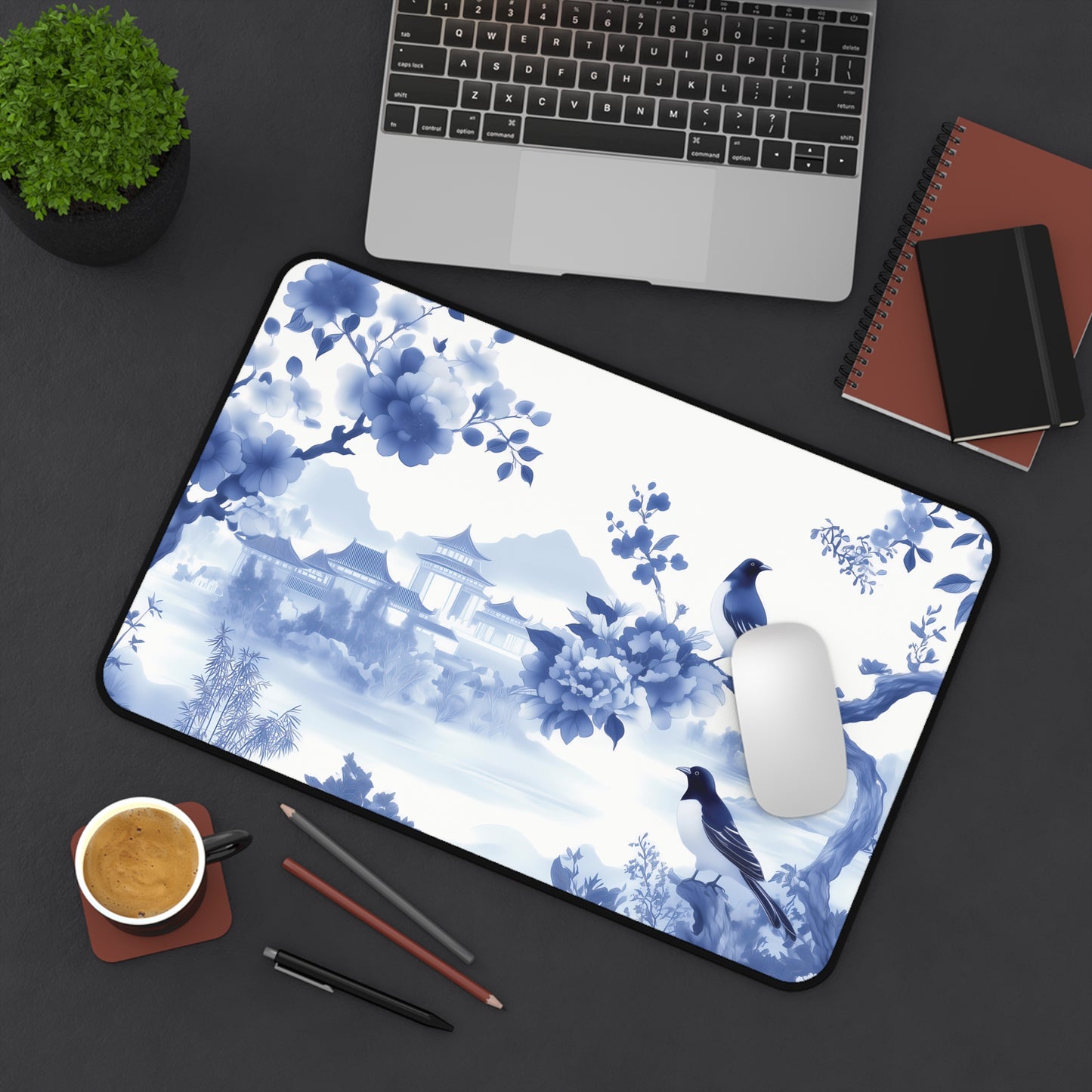 Floral Blue Landscape Chinoiserie Desk Mat