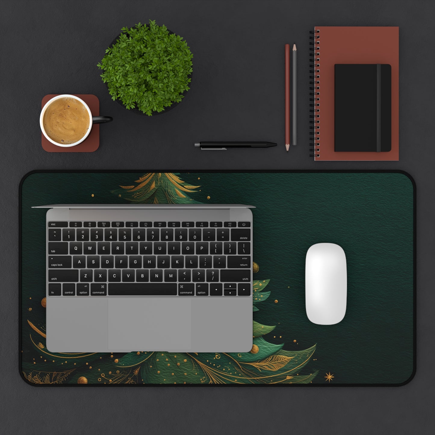Christmas Tree Desk Mat, Green and Gold Holiday Desk Pad