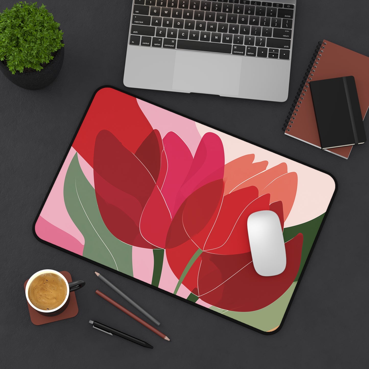 Abstract Tulip Desk Mat, Red & Pink Floral Mouse Pad