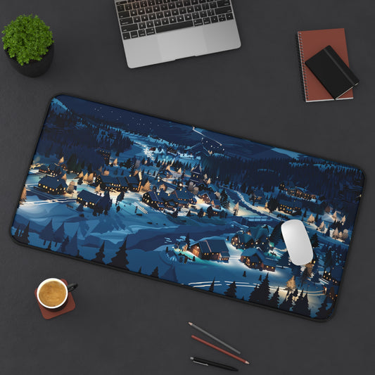 Snowy Christmas Town Desk Mat, Winter Desk Pad