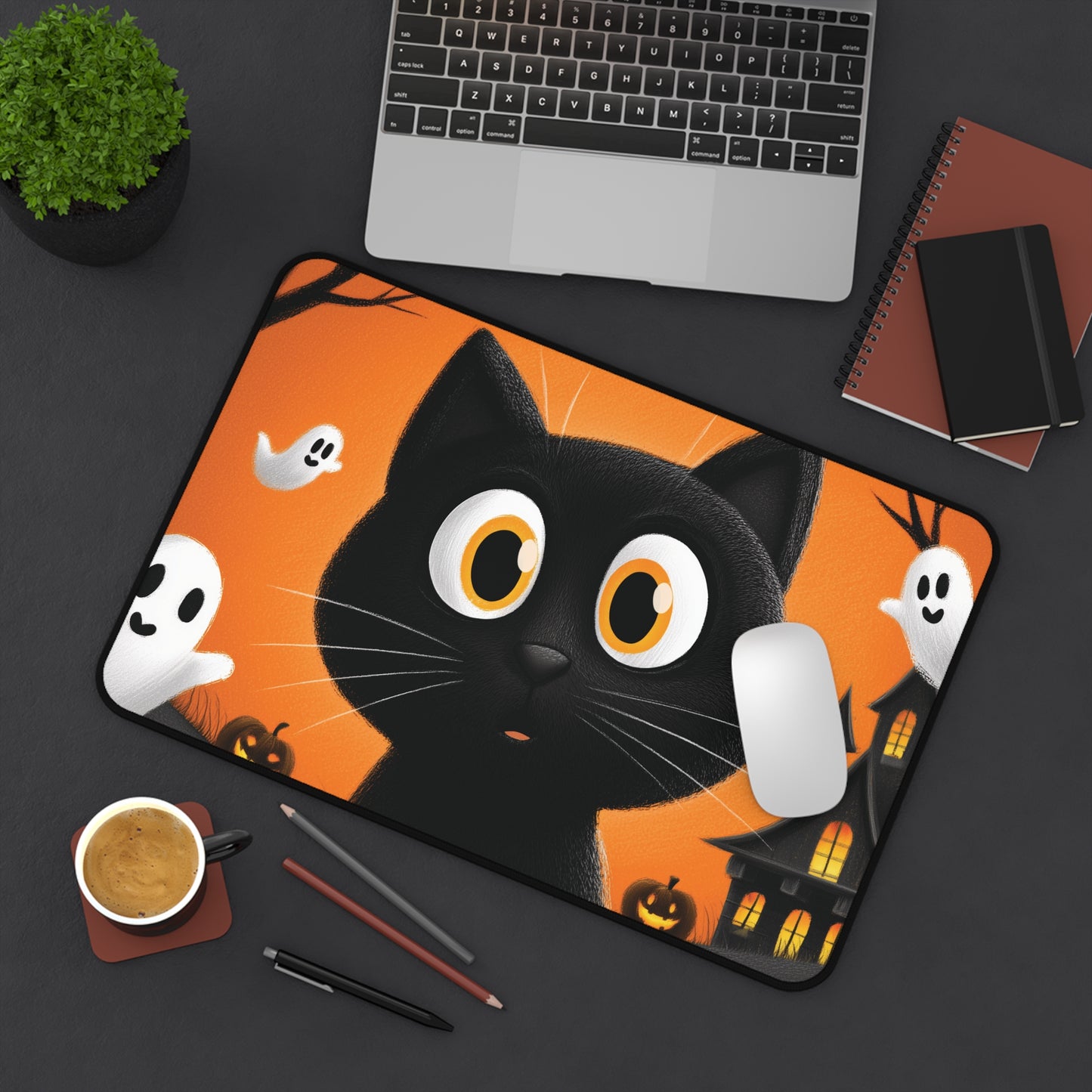 Spooky Black Cat with Ghosts Desk Mat for Halloween
