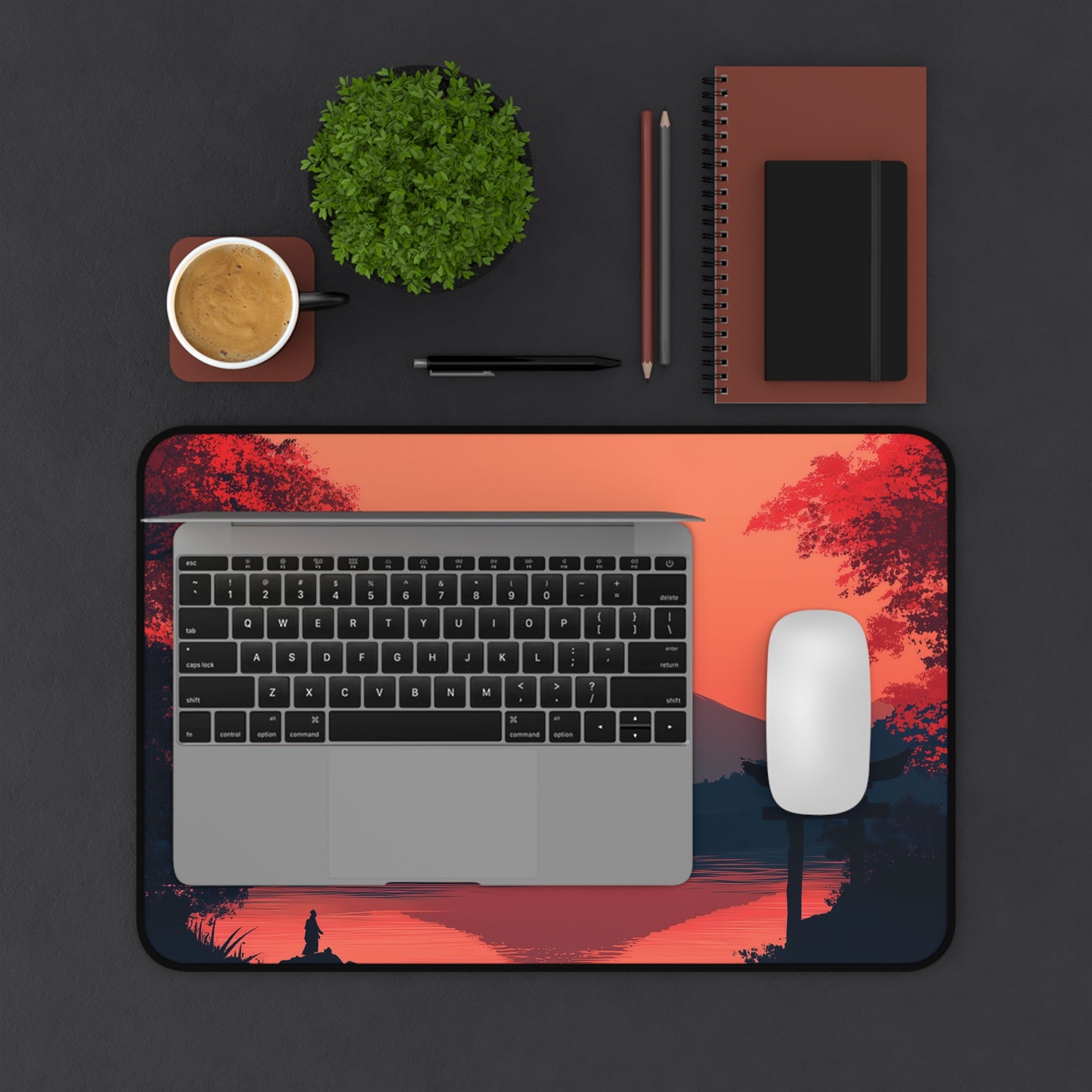 Japanese Landscape Desk Mat, Mountain and Samurai Gaming Desk Pad