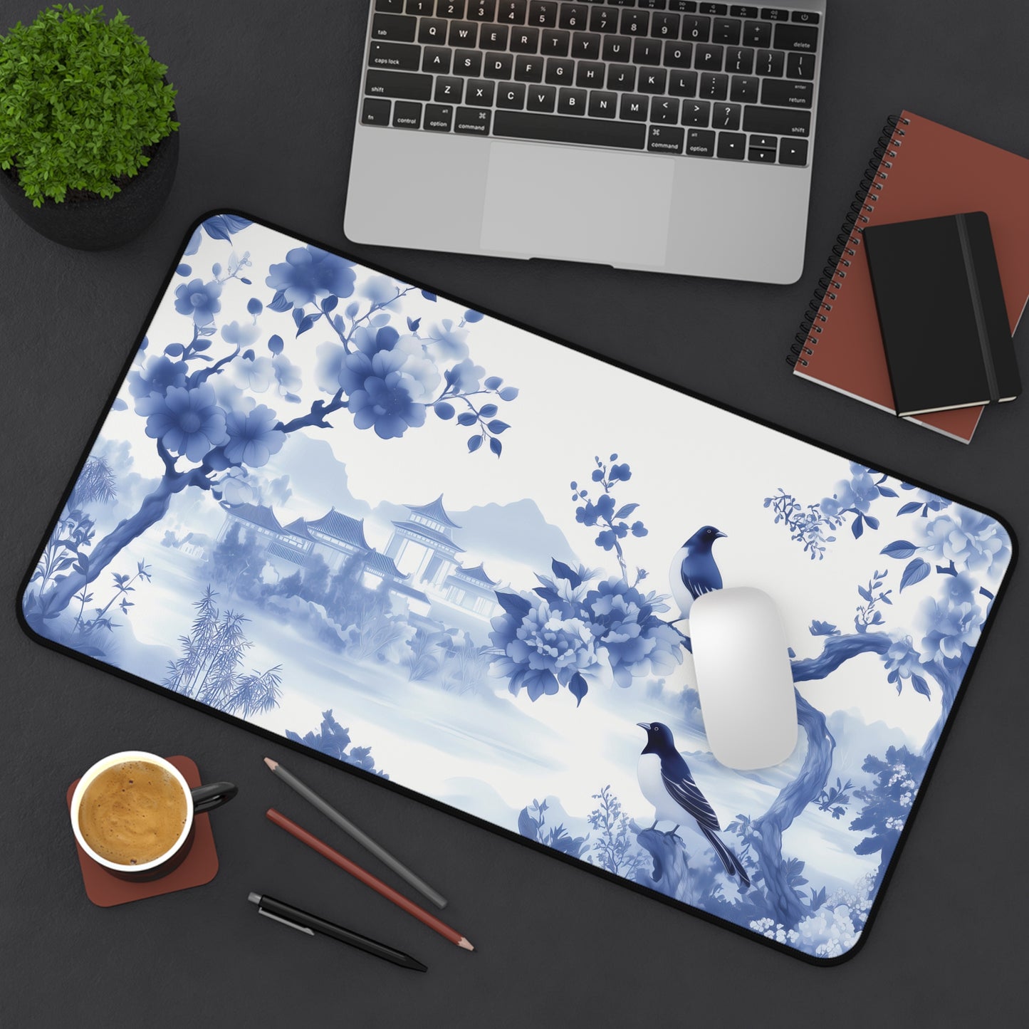 Floral Blue Landscape Chinoiserie Desk Mat