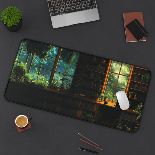 Cat Library Desk Mat, Cat and Plants Desk Pad, Dark Academia Keyboard Mat
