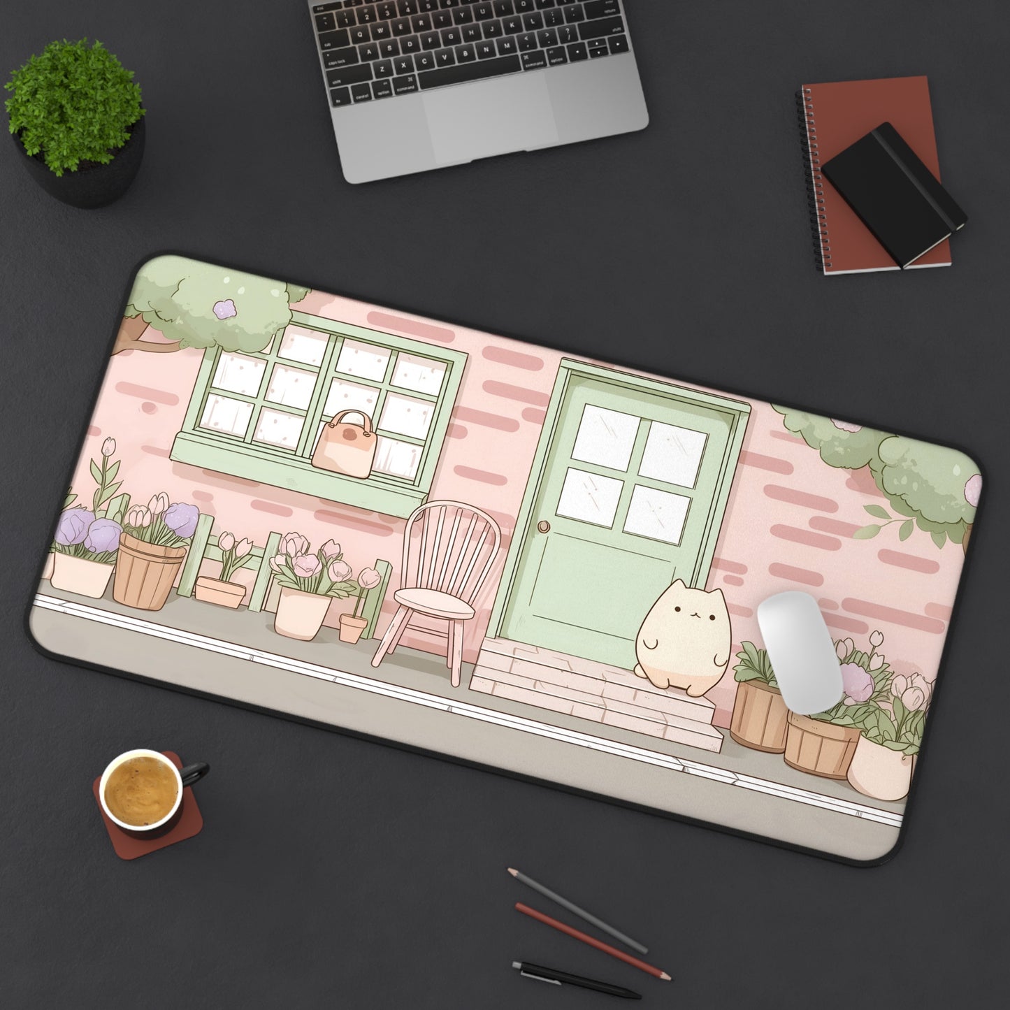 Kawaii Cottage Mouse Pad, Pastel Pink Gaming Desk Mat XL