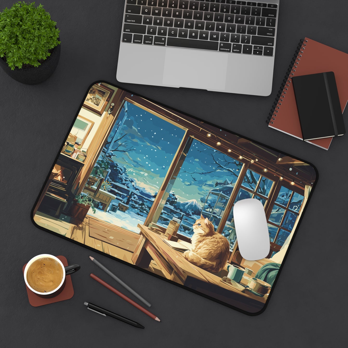 Winter Cat Desk Mat, Snowy Mouse Pad for Cat Lovers