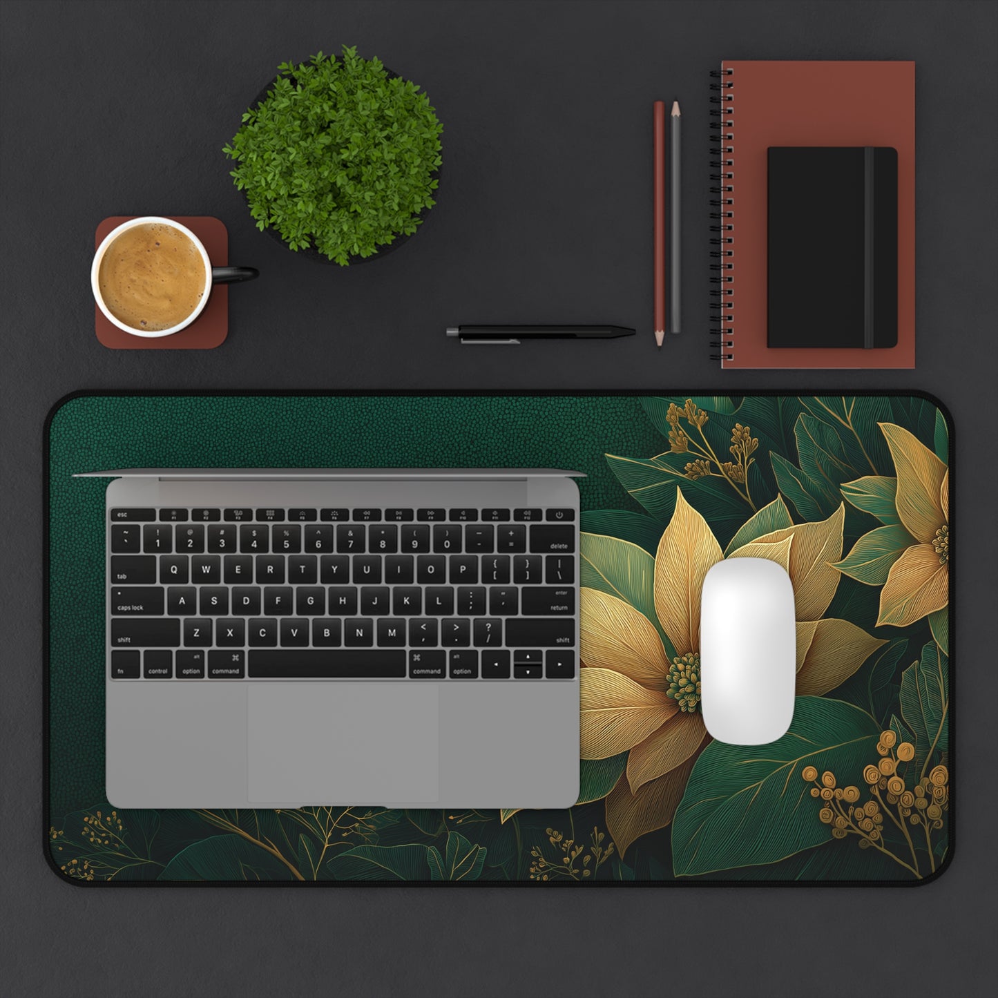 Floral Christmas Desk Mat, Green & Gold Festive Desk Pad