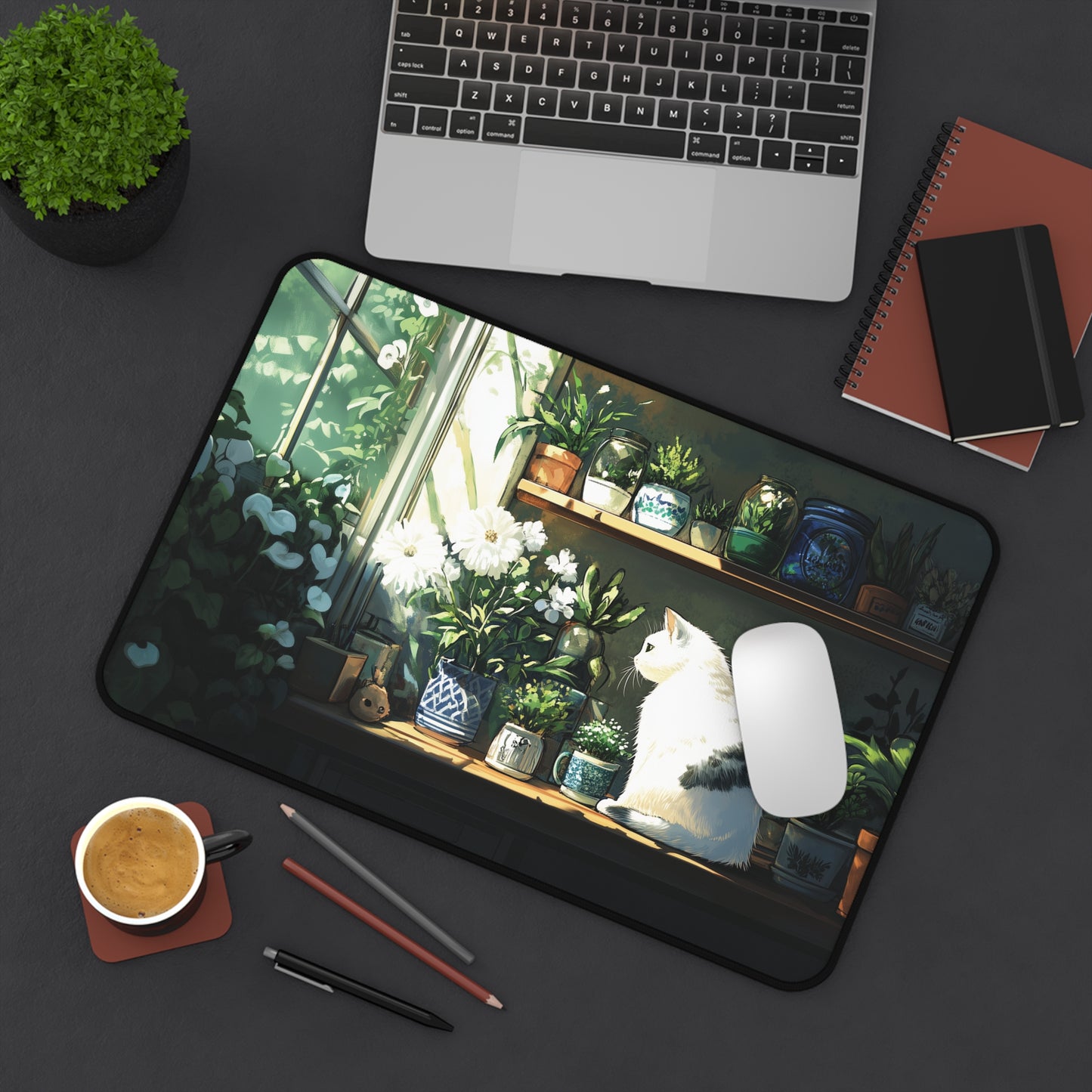 White Cat Desk Mat, Lofi Gaming Mouse Pad XL for Cat Lover