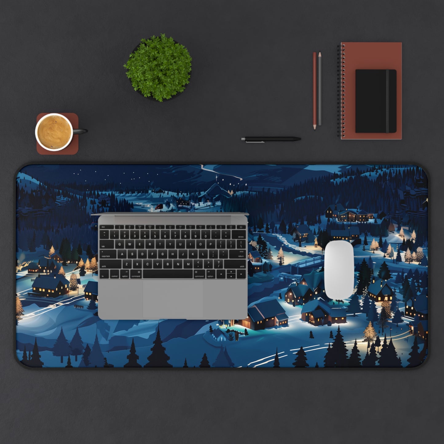 Snowy Christmas Town Desk Mat, Winter Desk Pad