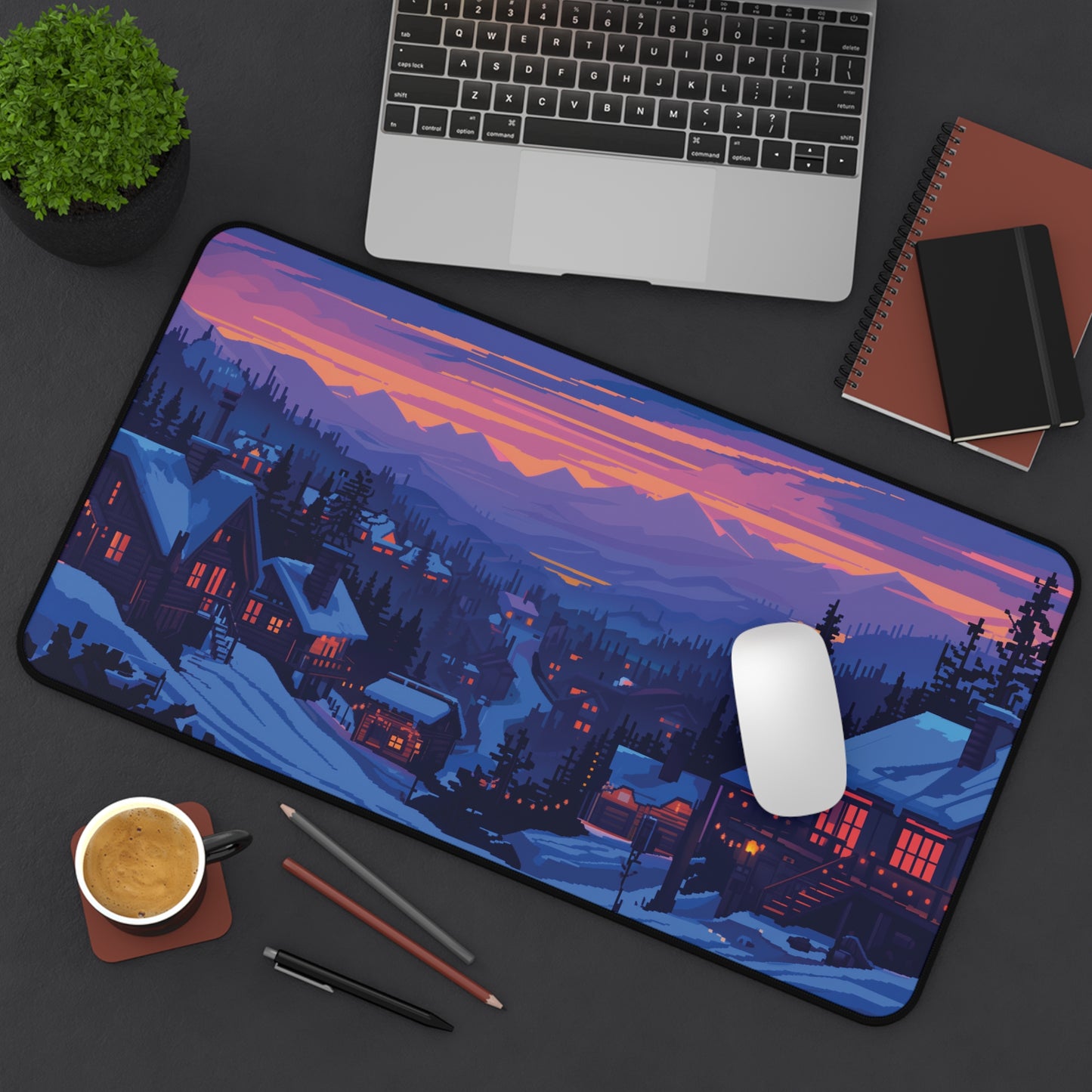 Pixel Art Snowy Mountain Desk Mat, Christmas Office Decor