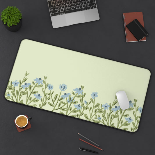 Blue Flower Desk Mat: Forget-Me-Not Meadow on Sage Green