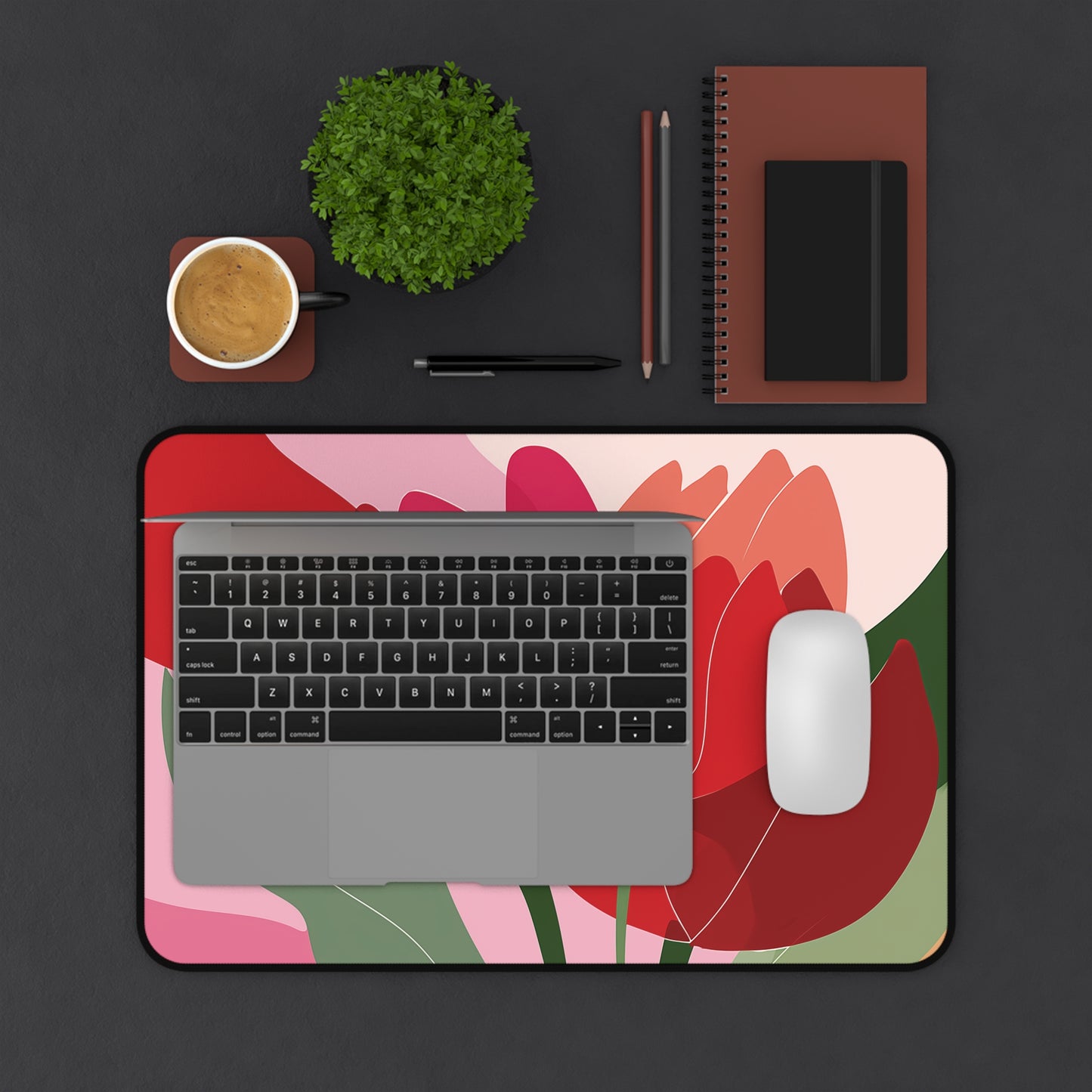 Abstract Tulip Desk Mat, Red & Pink Floral Mouse Pad