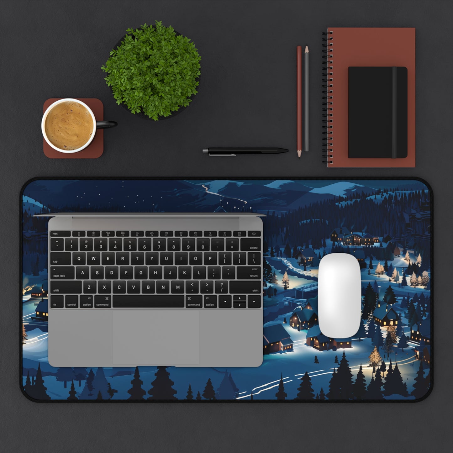 Snowy Christmas Town Desk Mat, Winter Desk Pad