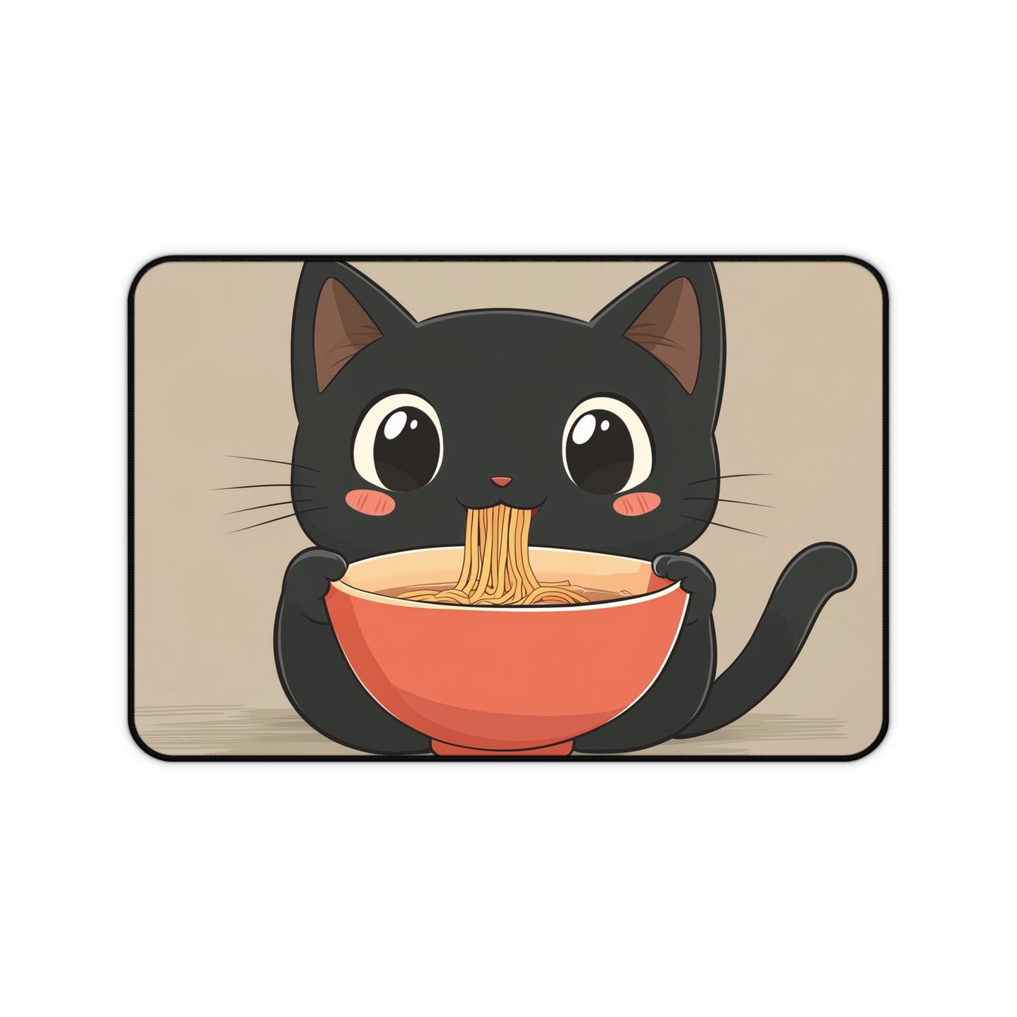 Cute Black Cat Desk Mat, Kawaii Mouse Pad for Cat Lovers, Black Cat Eating Ramen Desk Pad
