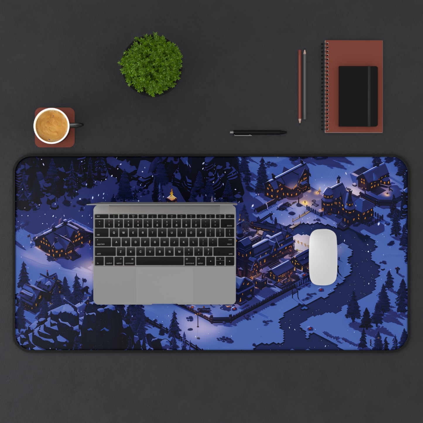 Pixel Art Snowy Winter Village Desk Mat, Christmas Mouse Pad